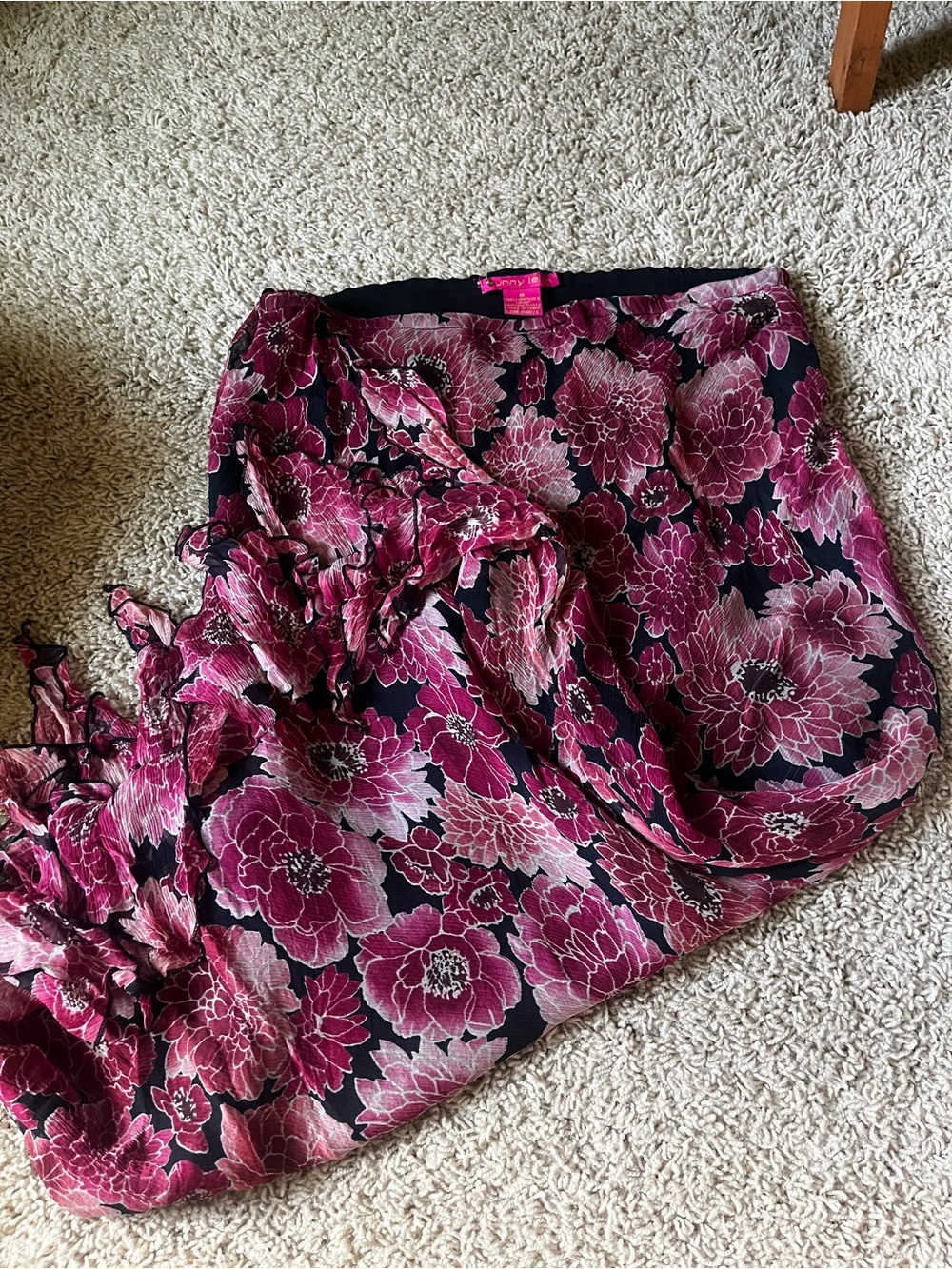Sunny Leigh Black Midi Skirt with Pink Floral Print and Ruffle Hem - Picture 3 of 3